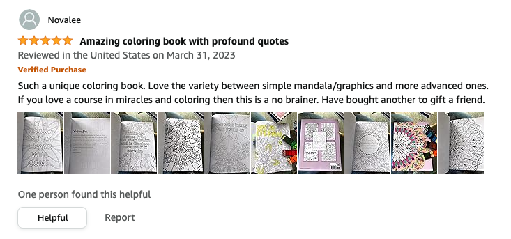 A Course in Miracles Coloring Book, Amazon Review Novalee, Teacher, Spiritual Business Coach, Maria Saraphina